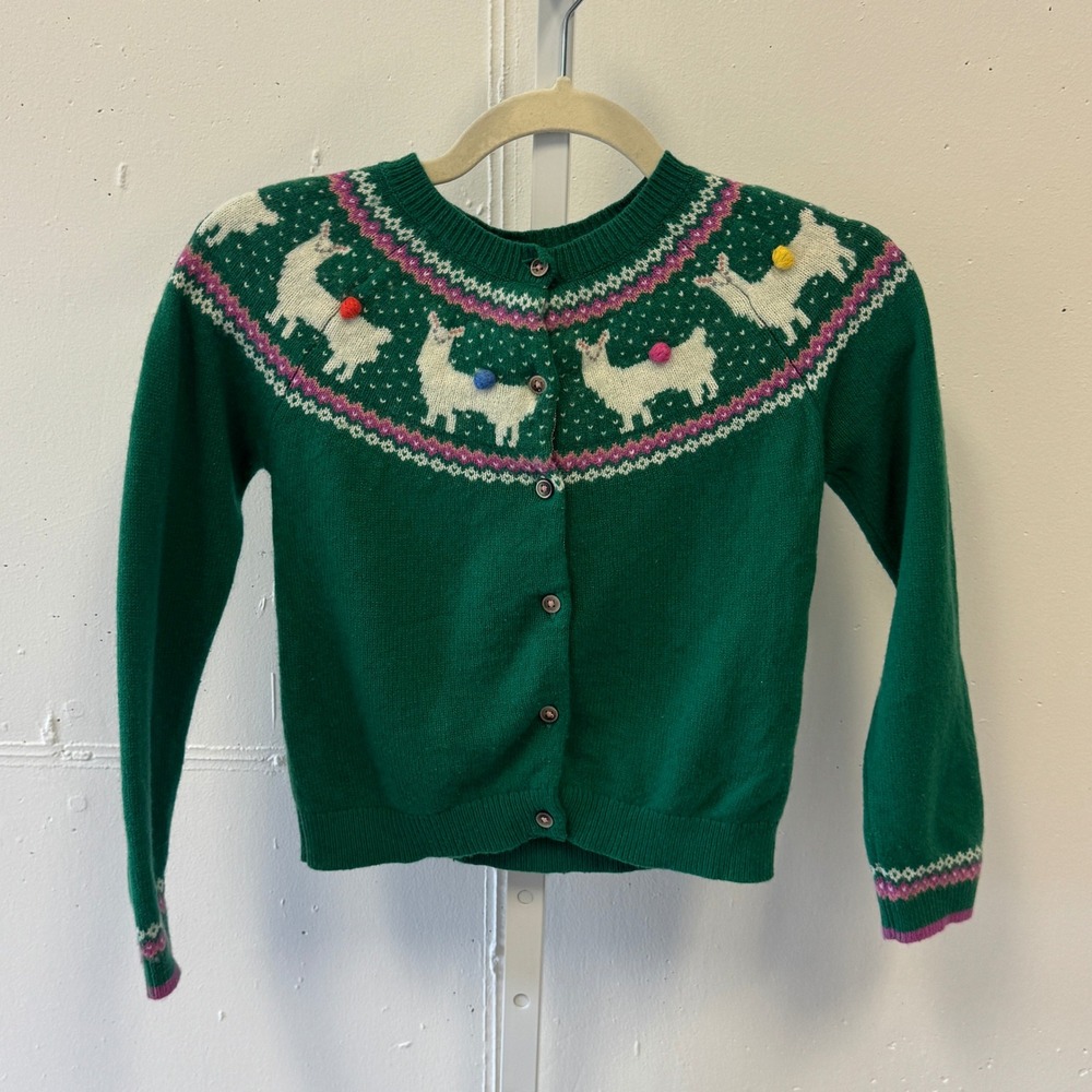 Mini Boden Llama Fair Isle Pom Pom Cardigan Sweater Green Wool Blend Knit 7-8Y